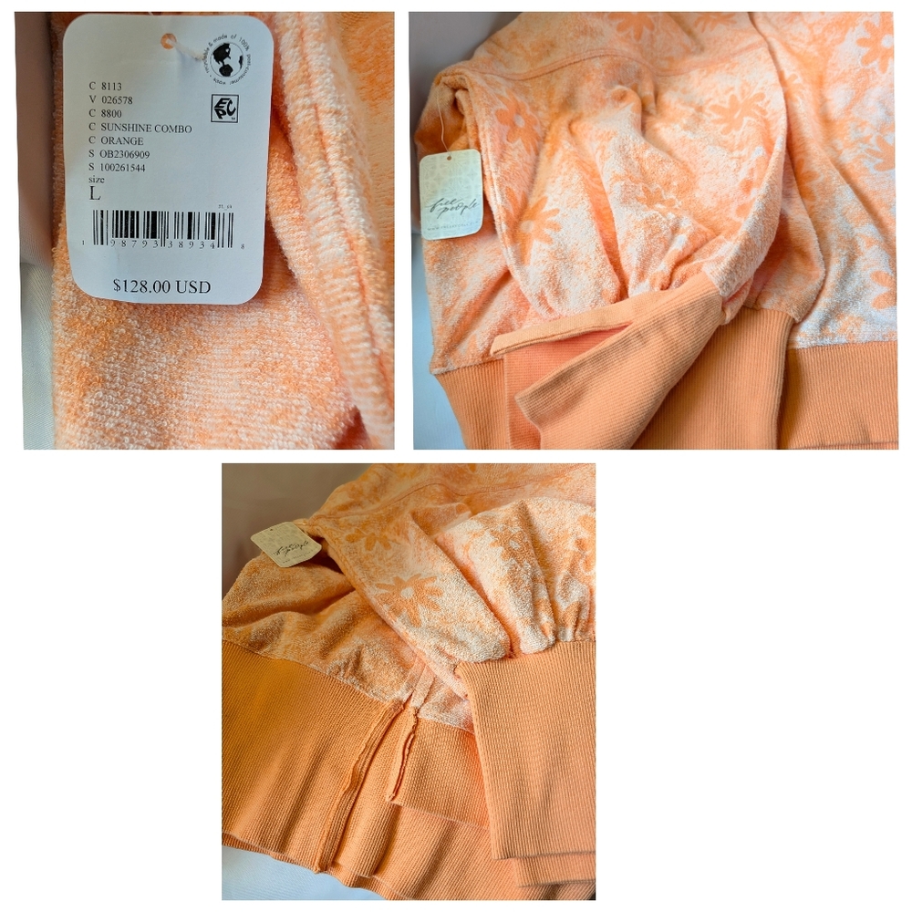 Free People Steal My Sunshine Pullover Terry Cloth Blend Orange White Large NWT - Picture 10 of 13